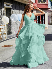 Robe de Soirée Princesse en Tulle à Col en V Longueur au Sol Turquoise