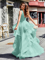 Robe de Soirée Princesse en Tulle à Col en V Longueur au Sol Turquoise