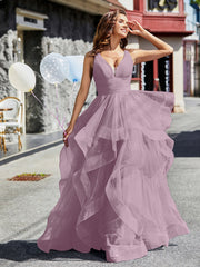Robe de Soirée Princesse en Tulle à Col en V Longueur au Sol Vintage Mauve