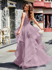 Robe de Soirée Princesse en Tulle à Col en V Longueur au Sol Vintage Mauve