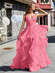 Robe de Soirée Princesse en Tulle à Col en V Longueur au Sol Pastèque Grande Taille