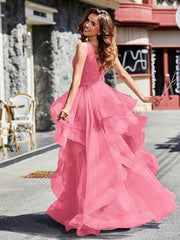 Robe de Soirée Princesse en Tulle à Col en V Longueur au Sol Pastèque