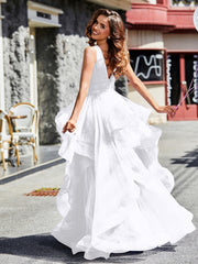 Robe de Soirée Princesse en Tulle à Col en V Longueur au Sol Blanc Grande Taille