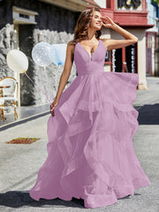Robe de Soirée Princesse en Tulle à Col en V Longueur au Sol Glycine Grande Taille