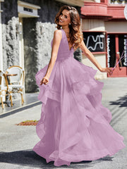 Robe de Soirée Princesse en Tulle à Col en V Longueur au Sol Glycine Grande Taille