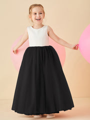 Robe de Demoiselle d'Honneur en Satin avec Dos en V et Jupe en Tulle Longueur Sol Noir