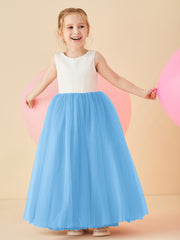 Robe de Demoiselle d'Honneur en Satin avec Dos en V et Jupe en Tulle Longueur Sol Bleu