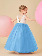 Robe de Demoiselle d'Honneur en Satin avec Dos en V et Jupe en Tulle Longueur Sol Bleu