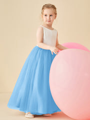 Robe de Demoiselle d'Honneur en Satin avec Dos en V et Jupe en Tulle Longueur Sol Bleu