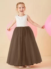 Robe de Demoiselle d'Honneur en Satin avec Dos en V et Jupe en Tulle Longueur Sol Brun