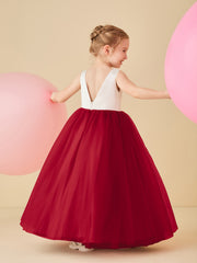 Robe de Demoiselle d'Honneur en Satin avec Dos en V et Jupe en Tulle Longueur Sol Bordeaux
