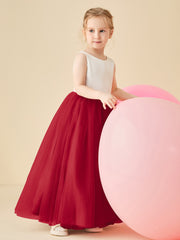 Robe de Demoiselle d'Honneur en Satin avec Dos en V et Jupe en Tulle Longueur Sol Bordeaux