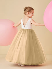 Robe de Demoiselle d'Honneur en Satin avec Dos en V et Jupe en Tulle Longueur Sol Champagne