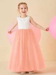 Robe de Demoiselle d'Honneur en Satin avec Dos en V et Jupe en Tulle Longueur Sol Corail