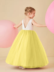 Robe de Demoiselle d'Honneur en Satin avec Dos en V et Jupe en Tulle Longueur Sol Jonquille