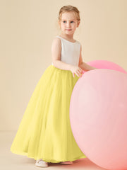 Robe de Demoiselle d'Honneur en Satin avec Dos en V et Jupe en Tulle Longueur Sol Jonquille