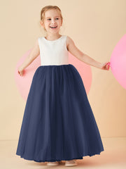 Robe de Demoiselle d'Honneur en Satin avec Dos en V et Jupe en Tulle Longueur Sol Bleu Marine