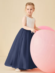 Robe de Demoiselle d'Honneur en Satin avec Dos en V et Jupe en Tulle Longueur Sol Bleu Marine