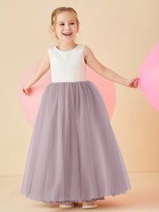 Robe de Demoiselle d'Honneur en Satin avec Dos en V et Jupe en Tulle Longueur Sol Crépuscule