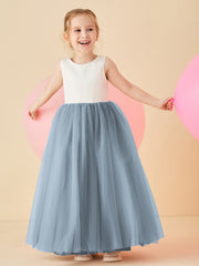 Robe de Demoiselle d'Honneur en Satin avec Dos en V et Jupe en Tulle Longueur Sol Bleu Poudré