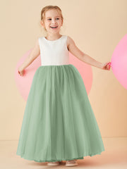 Robe de Demoiselle d'Honneur en Satin avec Dos en V et Jupe en Tulle Longueur Sol Sauge Poudrée