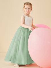 Robe de Demoiselle d'Honneur en Satin avec Dos en V et Jupe en Tulle Longueur Sol Sauge Poudrée