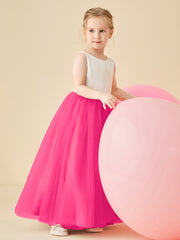 Robe de Demoiselle d'Honneur en Satin avec Dos en V et Jupe en Tulle Longueur Sol Fuchsia