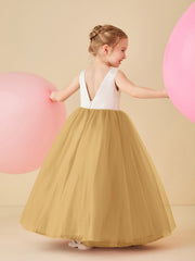 Robe de Demoiselle d'Honneur en Satin avec Dos en V et Jupe en Tulle Longueur Sol Or