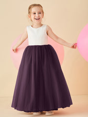 Robe de Demoiselle d'Honneur en Satin avec Dos en V et Jupe en Tulle Longueur Sol Raisin