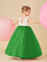 Robe de Demoiselle d'Honneur en Satin avec Dos en V et Jupe en Tulle Longueur Sol Vert