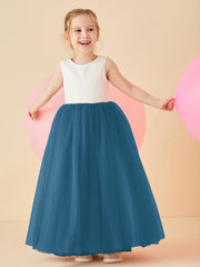 Robe de Demoiselle d'Honneur en Satin avec Dos en V et Jupe en Tulle Longueur Sol Bleu Encre