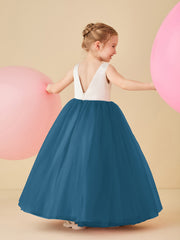 Robe de Demoiselle d'Honneur en Satin avec Dos en V et Jupe en Tulle Longueur Sol Bleu Encre