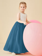 Robe de Demoiselle d'Honneur en Satin avec Dos en V et Jupe en Tulle Longueur Sol Bleu Encre