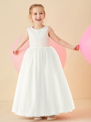 Robe de Demoiselle d'Honneur en Satin avec Dos en V et Jupe en Tulle Longueur Sol Ivoire