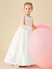 Robe de Demoiselle d'Honneur en Satin avec Dos en V et Jupe en Tulle Longueur Sol Ivoire