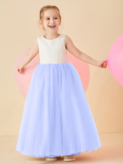 Robe de Demoiselle d'Honneur en Satin avec Dos en V et Jupe en Tulle Longueur Sol Lavande