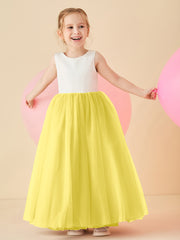 Robe de Demoiselle d'Honneur en Satin avec Dos en V et Jupe en Tulle Longueur Sol Citron
