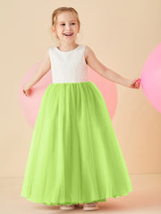 Robe de Demoiselle d'Honneur en Satin avec Dos en V et Jupe en Tulle Longueur Sol Vert Citron