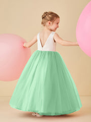 Robe de Demoiselle d'Honneur en Satin avec Dos en V et Jupe en Tulle Longueur Sol Vert Menthe