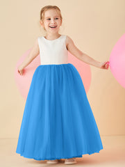Robe de Demoiselle d'Honneur en Satin avec Dos en V et Jupe en Tulle Longueur Sol Bleu Océan