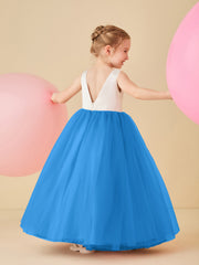 Robe de Demoiselle d'Honneur en Satin avec Dos en V et Jupe en Tulle Longueur Sol Bleu Océan