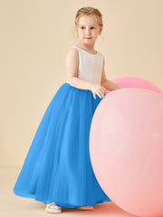 Robe de Demoiselle d'Honneur en Satin avec Dos en V et Jupe en Tulle Longueur Sol Bleu Océan