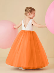 Robe de Demoiselle d'Honneur en Satin avec Dos en V et Jupe en Tulle Longueur Sol Orange