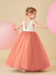 Robe de Demoiselle d'Honneur en Satin avec Dos en V et Jupe en Tulle Longueur Sol Papaye