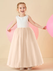 Robe de Demoiselle d'Honneur en Satin avec Dos en V et Jupe en Tulle Longueur Sol Pêche