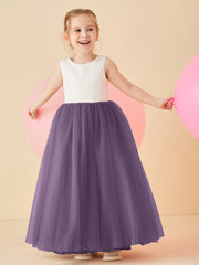 Robe de Demoiselle d'Honneur en Satin avec Dos en V et Jupe en Tulle Longueur Sol Plum