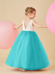 Robe de Demoiselle d'Honneur en Satin avec Dos en V et Jupe en Tulle Longueur Sol Piscine