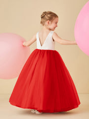 Robe de Demoiselle d'Honneur en Satin avec Dos en V et Jupe en Tulle Longueur Sol Rouge