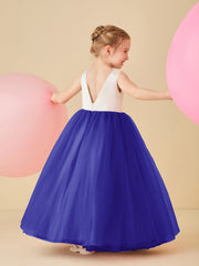Robe de Demoiselle d'Honneur en Satin avec Dos en V et Jupe en Tulle Longueur Sol Bleu Royale