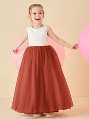 Robe de Demoiselle d'Honneur en Satin avec Dos en V et Jupe en Tulle Longueur Sol Rouille